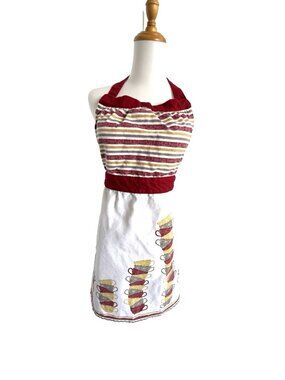 Threshold Apron Coffee Tea Cups 100% Cotton Kitchen Cooking Cafe Burgundy Stripe